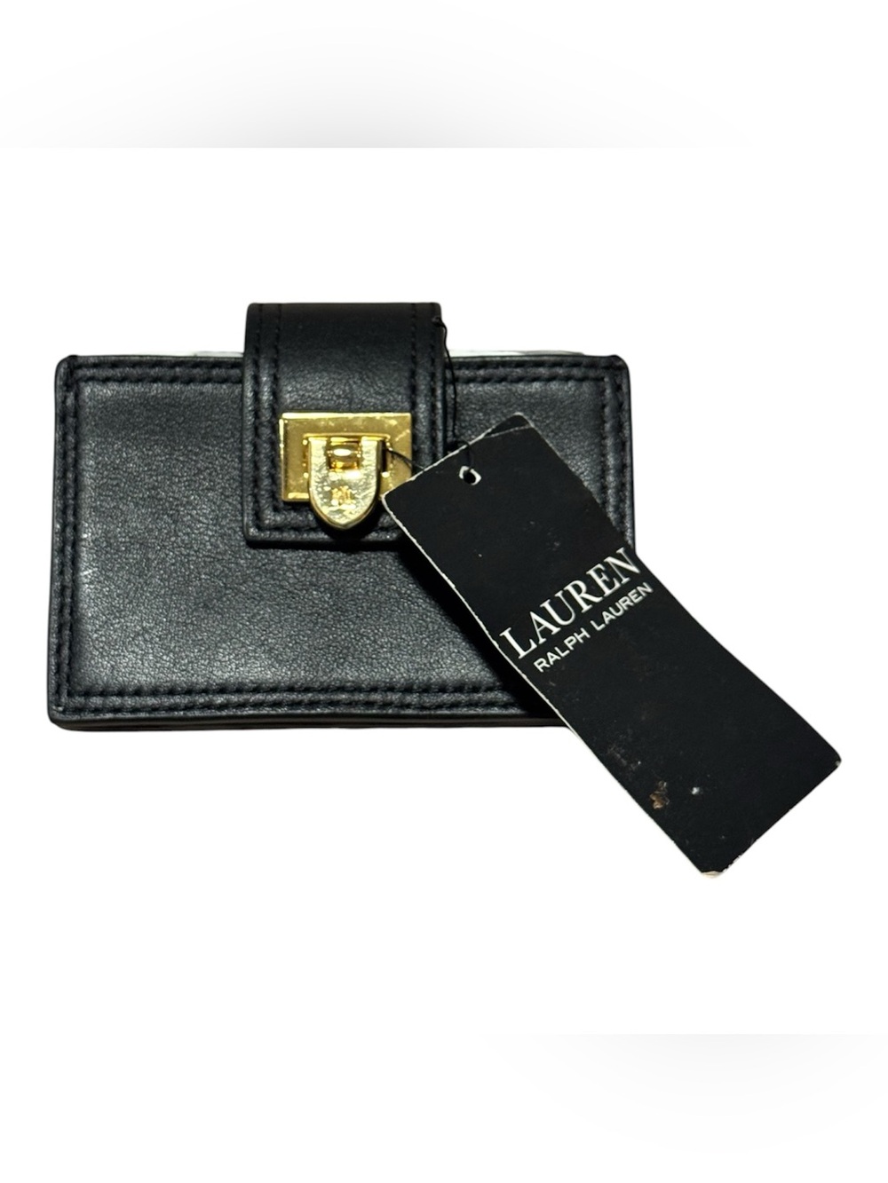 Lauren Ralph Lauren Black Leather Accordion Card Case Wallet Gold RL
